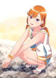 Rule 34 | 1girl, :d, absurdres, bare arms, bare legs, barefoot, beach, bracelet, brown hair, collarbone, full body, hair ornament, highres, jewelry, long hair, looking at viewer, love live!, love live! superstar!!, nail polish, open clothes, open mouth, open vest, purple eyes, s sho mkrn, shibuya kanon, smile, soaking feet, solo, squatting, swept bangs, toenail polish, toenails, twintails, vest, white vest, yellow nails