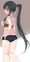 Rule 34 | 10s, 1girl, adjusting clothes, alternate costume, back, bare shoulders, black hair, blush, breasts, hair ornament, hair scrunchie, hand on own hip, hand under clothes, highres, kantai collection, large breasts, long hair, looking back, midriff, nao (qqqbb), ponytail, sand, scrunchie, sleeveless, solo, sportswear, tank top, very long hair, yahagi (kancolle)