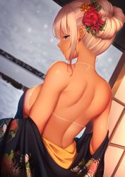 Rule 34 | 1girl, back, bikini tan, black kimono, blonde hair, blush, breasts, closed mouth, earrings, floral print, flower, flower earrings, gradient hair, hair flower, hair ornament, highres, indoors, japanese clothes, jewelry, kimono, large breasts, lips, looking at viewer, looking back, momo no kanzume, multicolored hair, off shoulder, original, red flower, red hair, sliding doors, smile, snow, solo, tan, tanline, undressing, wall