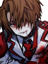 Rule 34 | 1boy, armor, blood, blood on clothes, brown hair, collared shirt, commentary request, drooling, employee (project moon), jacket, lobotomy corporation, male focus, necktie, project moon, red eyes, red necktie, saliva, shirt, short hair, shot (urem), shoulder armor, simple background, sketch, solo, white background, white jacket, white shirt