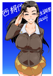 Rule 34 | 1girl, absurdres, arm behind back, asymmetrical bangs, birthday, black eyes, black hair, breasts, brown jacket, character name, chi-hatan military uniform, commentary request, cowboy shot, girls und panzer, grin, half-closed eyes, highres, jacket, large breasts, long hair, long sleeves, looking at viewer, military, military uniform, miniskirt, nishi kinuyo, outside border, partial commentary, pleated skirt, salute, shinkuukan (tetsuo3), skirt, smile, solo, standing, straight hair, translated, uniform, yellow skirt