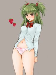 Rule 34 | 1girl, arms behind back, blunt bangs, bow, bowtie, breasts, colored eyelashes, commentary request, copyright request, cowboy shot, dress shirt, food, fruit, green hair, grey background, hair bobbles, hair ornament, highres, long hair, long sleeves, medium breasts, mironomeo, navel, no pants, panties, pink panties, red bow, red bowtie, red eyes, shirt, sidelocks, simple background, sketch, solo, standing, stomach, strawberry, striped clothes, striped panties, thighs, two side up, underwear, vertical-striped clothes, vertical-striped panties