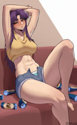 Rule 34 | 1girl, abs, armpits, arms up, bare arms, bare legs, beer can, blush, breasts, brown eyes, can, couch, covered erect nipples, crop top, denim, denim shorts, drink can, full-face blush, highres, katsuragi misato, large breasts, long hair, looking at viewer, midriff, navel, neon genesis evangelion, open fly, purple hair, shirt, short shorts, shorts, sitting, sleeveless, solo, stopu, stretching, thighs, yellow shirt