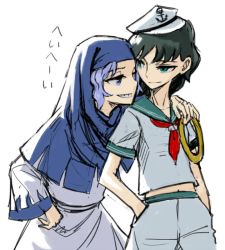 Rule 34 | 2girls, black hair, blue capelet, blue eyes, blue hair, capelet, chakram, dress, green eyes, grin, hand on another&#039;s shoulder, hand on own hip, hands in pockets, hat, holding, hood, hood up, hooded capelet, japanese text, jewelry, kumoi ichirin, leaning forward, light smile, long sleeves, looking at another, meimaru inuchiyo, multiple girls, murasa minamitsu, navel, neckerchief, neckwear request, red neckerchief, ring, sailor collar, sailor dress, sailor hat, sailor shirt, shirt, short sleeves, shorts, smile, touhou, weapon, white dress, white shorts, wide sleeves