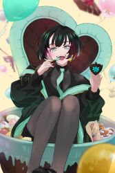 Rule 34 | 1girl, absurdres, allmind (armored core 6), armored core, armored core 6, black hair, candy, chocolate, chocolate heart, earrings, food, green eyes, hasunesirusi, heart, highres, jewelry, looking at viewer, open mouth, pantyhose, short hair, valentine