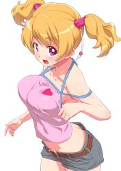 Rule 34 | 1girl, ass, belt, blonde hair, breasts, brown belt, butt crack, camisole, commentary, cowboy shot, downpants, fresh precure!, grey shorts, hair ornament, hair scrunchie, heart, leaning forward, looking at viewer, medium breasts, midriff, momozono love, open mouth, pink eyes, pink scrunchie, pink shirt, precure, scrunchie, senzoc, shirt, short hair, short shorts, shorts, simple background, smile, solo, standing, twintails, white background