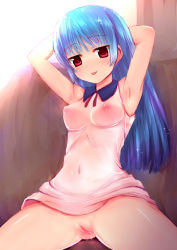 Rule 34 | 1girl, :p, arms up, backlighting, blue hair, breasts, cleft of venus, closed mouth, clothes lift, couch, covered erect nipples, covered navel, day, dress, dress lift, impossible clothes, indoors, kula diamond, lens flare, long hair, looking at viewer, medium breasts, nipples, no bra, no panties, on couch, pussy, pussy juice, red eyes, see-through, sitting, smile, solo, sparkle, straight hair, sunlight, the king of fighters, thighs, tongue, tongue out, tsurime, uncensored, unikurage, very long hair, wet, wet clothes, wet dress, white dress