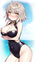 Rule 34 | 1girl, ahoge, black one-piece swimsuit, breasts, cleavage, collarbone, covered navel, day, fate/grand order, fate (series), jeanne d&#039;arc (fate), jeanne d&#039;arc alter (avenger) (fate), jeanne d&#039;arc alter (fate), large breasts, looking at viewer, navel, ocean, one-piece swimsuit, outdoors, sakura yuki (clochette), silver hair, solo, swimsuit, yellow eyes