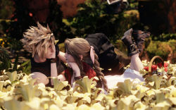 Rule 34 | 1boy, 1girl, 3d, aerith gainsborough, armor, black pants, black shirt, blonde hair, blue eyes, boots, bracelet, braid, brown footwear, brown hair, cloud strife, couple, dress, feet up, final fantasy, final fantasy vii, final fantasy vii remake, flower, flower basket, flower bed, full body, gainsborough house, garden, hair between eyes, hair ribbon, hand on another&#039;s cheek, head on hand, hetero, highres, jacket, jewelry, kiiseru, lily (flower), long dress, long hair, looking at another, lying, on side, on stomach, pants, parted bangs, pink dress, pink ribbon, red flower, red jacket, ribbon, shirt, short hair, shoulder armor, sidelocks, sleeveless, sleeveless turtleneck, smile, spiked hair, square enix, suspenders, turtleneck, yellow flower