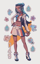 Rule 34 | 1girl, adapted costume, black hair, blue eyes, blue hair, bracelet, chewtle, commentary request, contrapposto, creatures (company), crop top, dark-skinned female, dark skin, ear piercing, earrings, full body, game freak, gen 1 pokemon, gen 2 pokemon, gen 8 pokemon, goldeen, gym leader, highres, holding, holding poke ball, hoop earrings, horsea, jewelry, korean commentary, long sleeves, looking at viewer, midriff, multicolored clothes, multicolored hair, multicolored skirt, myunazzang, navel, nessa (pokemon), nintendo, piercing, pleated skirt, poke ball, poke ball (basic), pokemon, pokemon (creature), pokemon swsh, shoes, shorts, shorts under skirt, skirt, smile, solo, standing, starmie, staryu, two-tone hair, white background, white skirt, wooper, zipper, zipper footwear, zipper pull tab