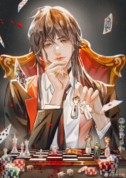 Rule 34 | 1boy, absurdres, ace (playing card), ace of spades, bai liu, black hair, blood, card, casino, collared shirt, diamond (shape), dice, dropping, earrings, floating card, falling petals, floating card, gongyerihe, highres, i became a god in a horror game, jacket, jewelry, long hair, long sleeves, male focus, necktie, petals, playing card, ring, shirt, sitting, spade (shape), suit jacket, tavel, white shirt