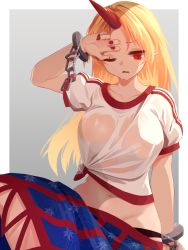 Rule 34 | 1girl, akaiha (akaihasugk), black panties, blonde hair, blue skirt, border, chain, commission, cuffs, dress, highres, horns, hoshiguma yuugi, long hair, midriff, nail polish, navel, one eye closed, oni, open mouth, panties, pointy ears, red eyes, red horns, red nails, see-through, shackles, shirt, single horn, skeb commission, skirt, striped clothes, striped dress, tied shirt, touhou, underwear, wet, wet clothes, white border, white shirt