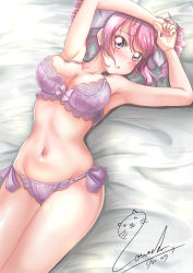 Rule 34 | 1girl, absurdres, armpits, bed, blush, bra, breasts, drill hair, groin, highres, jashin-chan dropkick, large breasts, looking at viewer, lying, navel, on back, on bed, open mouth, panties, pink hair, pino (jashin-chan dropkick), purple bra, purple panties, red eyes, solo, souneko 123, twin drill, underwear, underwear only
