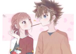 Rule 34 | 1boy, 1girl, couple, digimon, digimon xros wars, hair ornament, hairclip, hinomoto akari, kudou taiki, long hair, looking at another, low twintails, orange eyes, pocky day, red hair, twintails
