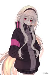 Rule 34 | 1girl, aphilia (kiyomin), black hairband, black jacket, closed mouth, cowboy shot, expressionless, hair between eyes, hairband, hands in pockets, high collar, highres, jacket, kiyomin, long hair, long sleeves, looking at viewer, original, pointy ears, red eyes, sidelocks, signature, silver hair, simple background, solo, very long hair, white background, zipper pull tab