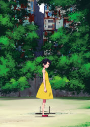 Rule 34 | 1girl, bad id, bad pixiv id, black eyes, black hair, building, city, day, domo1220, dress, highres, hole, ladder, long hair, looking at viewer, original, profile, scenery, solo, sundress, tree, twintails, yellow dress