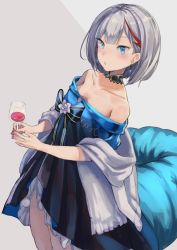 Rule 34 | 1girl, admiral graf spee (a novel anniversary) (azur lane), admiral graf spee (azur lane), alcohol, azur lane, blue dress, blue eyes, blue ribbon, breasts, collarbone, commentary request, cowboy shot, cup, dress, drinking glass, earrings, highres, holding, jewelry, looking at viewer, medium breasts, multicolored hair, off-shoulder dress, off shoulder, parted lips, red hair, ribbon, shawl, short hair, silver hair, solo, standing, streaked hair, wine, wine glass, yu ni t
