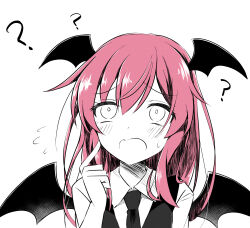 Rule 34 | 1girl, ?, bat wings, black jacket, black necktie, collared shirt, commentary, demon wings, english commentary, flying sweatdrops, hair between eyes, hair over eyes, hand up, head wings, highres, jacket, koakuma, long hair, looking up, monochrome, necktie, open mouth, red hair, shirt, simple background, solo, touhou, tsuukinkaisoku oomiya, white background, white shirt, wings