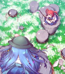 Rule 34 | 2girls, :d, black hat, blue hair, blue skirt, commentary request, food, from above, fruit, hair bobbles, hair ornament, hat, hat leaf, hinanawi tenshi, holding, holding weapon, isu (is88), keystone, long hair, looking down, looking up, meadow, multiple girls, onozuka komachi, open mouth, peach, perspective, petals, puffy short sleeves, puffy sleeves, red eyes, red hair, sandals, scythe, shide, short sleeves, skirt, smile, socks, touhou, twintails, weapon, white footwear