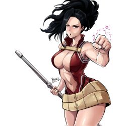 Rule 34 | 1girl, artist name, black eyes, black hair, boku no hero academia, breasts, clenched hand, commentary request, corrupted twitter file, cowboy shot, dress, highres, holding, large breasts, long hair, narrow waist, navel, plunging neckline, ponytail, short dress, signature, solo, spanish commentary, v-shaped eyebrows, victorbalgitt, yaoyorozu momo