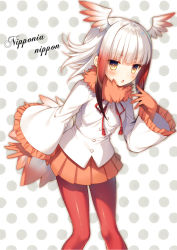 Rule 34 | 10s, 1girl, :o, blush, character name, commentary request, cursive, gloves, head wings, highres, japanese crested ibis (kemono friends), jpeg artifacts, kemono friends, multicolored hair, open mouth, pantyhose, pleated skirt, polka dot, polka dot background, red gloves, red hair, red pantyhose, scientific name, shirt, skirt, solo, toosaka asagi, two-tone hair, white hair, white shirt, wings, yellow eyes