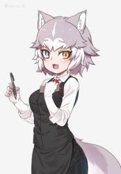 Rule 34 | 1girl, :3, :d, alternate costume, animal ear fluff, animal ears, black vest, blue eyes, dog (mixed breed) (kemono friends), dog ears, dog girl, dog tail, fang, gloves, grey background, grey hair, hand on own chest, heterochromia, kemono friends, looking at viewer, multicolored hair, nyifu, open mouth, pen, shirt, short hair, simple background, smile, solo, tail, twitter username, two-tone hair, uniform, vest, waiter, white gloves, white hair, white shirt, wing collar, yellow eyes