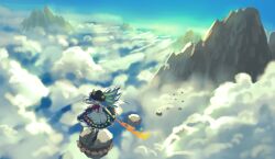 Rule 34 | 1girl, apron, bionekojita, black hat, blue hair, blue skirt, blue sky, cloud, commentary request, day, floating, food, fruit, fruit hat ornament, hat, hinanawi tenshi, holding, holding sword, holding weapon, keystone, leaf, leaf hat ornament, long hair, mountain, one-hour drawing challenge, peach, peach hat ornament, rainbow order, red eyes, rock, shirt, short sleeves, skirt, sky, solo, sword, sword of hisou, touhou, very long hair, waist apron, weapon, white shirt