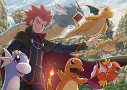 Rule 34 | 1boy, absurdres, belt, blue eyes, brown eyes, cape, charizard, charmander, cloud, creatures (company), dragonite, dratini, flame-tipped tail, flying, game freak, gen 1 pokemon, gyarados, hand on another&#039;s head, highres, lance (pokemon), magikarp, mountain, nintendo, pokemoa, pokemon, pokemon (creature), pokemon hgss, purple eyes, red hair, sky, spiked hair, water, waterfall
