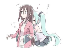 Rule 34 | 2girls, ^^^, aqua hair, aqua necktie, arms around waist, bare shoulders, black skirt, black sleeves, blush, brown hair, closed eyes, commentary, detached sleeves, grey shirt, hair ornament, hatsune miku, heart, hug, hug from behind, jacket, leaning forward, light blush, long hair, master (vocaloid), multiple girls, necktie, nejikyuu, pink jacket, shirt, shoulder tattoo, skirt, sleeveless, sleeveless shirt, surprised, sweater, tattoo, translated, turtleneck, turtleneck sweater, twintails, upper body, very long hair, vocaloid, white background, white shirt, white sweater