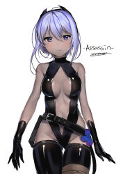 Rule 34 | 1girl, bad id, bad pixiv id, bare shoulders, black legwear, blush, breasts, cleavage cutout, clothing cutout, dark skin, dark-skinned female, dr poapo, fate/grand order, fate/prototype, fate/prototype: fragments of blue and silver, fate (series), hassan of serenity (fate), looking at viewer, purple eyes, purple hair, short hair, simple background, sketch, solo