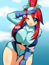 Rule 34 | 10s, blue eyes, blush, bouncing breasts, breasts, creatures (company), game freak, gym leader, huge breasts, looking at viewer, navel, nintendo, pokemon, pokemon bw, red hair, shimu (kichune), shorts, side ponytail, skyla (pokemon), smile, suspenders, translated