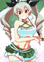 Rule 34 | 10s, 1girl, alternate costume, anchovy (girls und panzer), bare shoulders, breasts, collarbone, criss-cross halter, drill hair, girls und panzer, green hair, grin, hair between eyes, hair ribbon, halterneck, halterneck, highres, jpeg artifacts, kagami uekusa, large breasts, long hair, looking at viewer, midriff, navel, pleated skirt, race queen, red eyes, ribbon, silver hair, skirt, sleeveless, smile, solo, teeth, thighhighs, twin drills, twintails, umbrella, white skirt, zettai ryouiki