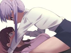 Rule 34 | 2girls, assertive female, blouse, blue eyes, blush, brown hair, eye contact, from side, girl on top, hand on another&#039;s face, highres, long hair, looking at another, lying, multiple girls, new game!, on back, purple eyes, purple hair, shirt, simple background, straddling, suzukaze aoba, takimoto hifumi, tennosuke (tejons), thighs, twintails, white shirt, wide-eyed, yuri