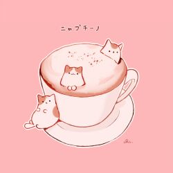 Rule 34 | artist name, cappuccino, cat, chai (drawingchisanne), coffee cup, cup, disposable cup, food, in food, no humans, original, pink background, simple background