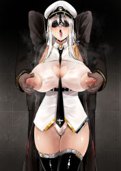 Rule 34 | 1boy, 1girl, armpits, arms behind head, arms up, azur lane, between breasts, black coat, black neckwear, black thighhighs, blindfold, breasts, breath, cleavage, cleavage cutout, clothing cutout, coat, enterprise (azur lane), female pubic hair, grabbing, grabbing another&#039;s breast, grabbing from behind, hair between eyes, hair strand, half-closed eyes, hat, heart, heart-shaped pupils, heart cutout, heavy breathing, highleg, highleg panties, highres, huge breasts, long hair, looking at viewer, messy hair, necktie, necktie between breasts, nipple pull, nipple stimulation, nippleless clothes, nipples, no pants, nose hook, open clothes, open mouth, panties, peaked cap, pubic hair, pubic hair peek, purple eyes, saliva, saliva trail, shiny skin, shirt, silver hair, sleeveless, sleeveless shirt, solo focus, standing, sweat, symbol-shaped pupils, thigh gap, thighhighs, tongue, tongue out, underwear, very long hair, wet, wet clothes, wet panties, white panties, white shirt, zerogura