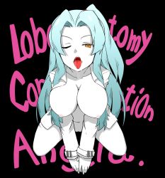 Rule 34 | 1girl, angela (project moon), black background, blue hair, breasts, character name, coat, collarbone, drooling, full body, hair ornament, highres, kneeling, lab coat, large breasts, lobotomy corporation, long hair, looking at viewer, navel, nipples, one eye closed, open clothes, open coat, open mouth, project moon, saliva, solo, tongue, touyakakasi, wink, yellow eyes
