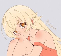 Rule 34 | 1girl, bare shoulders, blonde hair, child, dress, fooring, grey background, highres, kiss-shot acerola-orion heart-under-blade, knees to chest, long hair, looking at viewer, monogatari (series), orange eyes, oshino shinobu, petite, pointy ears, simple background, sketch, solo, strap slip, upper body