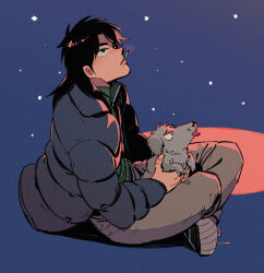 Rule 34 | 1boy, black eyes, black hair, black jacket, blue background, brown pants, cigarette, commentary request, dog, full body, green sweater, grey footwear, indian style, inudori, itou kaiji, jacket, kaiji, long hair, long sleeves, looking up, male focus, medium bangs, open clothes, open jacket, pants, shoes, sitting, smoking, sneakers, snowing, solo, sweater