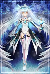 Rule 34 | 1girl, apyx, blue background, boots, code: battle seraph (elsword), detached collar, elsword, eve (elsword), full body, gem, gloves, highres, leotard, long hair, smile, solo, star (symbol), starry background, thigh boots, thigh gap, thighhighs, twintails, very long hair, white hair, white thighhighs, yellow eyes