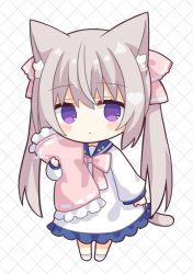 Rule 34 | 1girl, animal ears, blue sailor collar, blush stickers, cat ears, cat girl, cat tail, chibi, closed mouth, commentary request, dress, frilled pillow, frills, full body, grey hair, hair between eyes, hair ribbon, heart, highres, long hair, long sleeves, looking at viewer, nakkar, hugging object, original, pillow, pillow hug, pink ribbon, puffy long sleeves, puffy sleeves, purple eyes, ribbon, ribbon trim, sailor collar, sailor dress, sleeves past wrists, socks, solo, standing, tail, twintails, very long hair, white dress, white socks