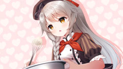Rule 34 | 1girl, absurdres, beret, black bow, bow, bowl, braid, brown dress, brown eyes, brown hat, chitosezaka suzu, commentary request, cream, dress, flower knight girl, grey hair, hair between eyes, hat, hat bow, heart, heart background, highres, holding, holding bowl, komugi (flower knight girl), long hair, parted lips, pink background, puffy short sleeves, puffy sleeves, short sleeves, single braid, solo, striped, upper body, whisk