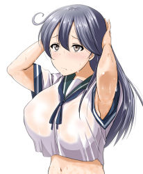 Rule 34 | 10s, 1girl, adjusting hair, ahoge, armpits, arms up, black hair, blush, breasts, crop top, crop top overhang, female focus, kantai collection, large breasts, long hair, midriff, navel, ozyasadayo, school uniform, serafuku, solo, sweat, upper body, ushio (kancolle), wet, wet clothes, white background