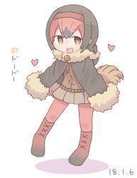 Rule 34 | 10s, 1girl, 2018, :d, bird tail, black footwear, black hair, boots, brown footwear, brown hairband, brown sweater, buttons, character name, colo (frypan soul), dated, dodo (kemono friends), empty eyes, eyebrows, facing away, feathers, full body, fur collar, fur trim, grey skirt, hair between eyes, hairband, heart, hood, hood down, japari symbol, kemono friends, legs together, looking at viewer, miniskirt, multicolored clothes, multicolored footwear, multicolored hair, no nose, open mouth, pantyhose, pink hair, pink pantyhose, pleated skirt, poncho, shadow, short hair, simple background, skirt, smile, solo, sweater, tail, tareme, tongue, two-tone hair, white background, yellow eyes