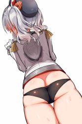 Rule 34 | 1girl, ass, beret, black panties, blush, butt crack, commentary request, cowboy shot, dutch angle, epaulettes, frilled sleeves, frills, from behind, gloves, hair ribbon, hat, highres, kantai collection, kashima (kancolle), legs together, long sleeves, lowleg, lowleg panties, medium hair, military, no pants, panties, ribbon, sakurayume kome, shiny skin, silver hair, simple background, solo, standing, sweat, two side up, underwear, white background, white gloves