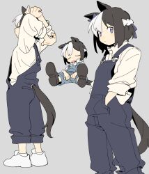 Rule 34 | 1girl, alternate costume, animal ears, arms up, black hair, blue overalls, bow, braid, collared shirt, d.y.x., drooling, ear bow, french braid, from behind, full body, hair ribbon, hands in pockets, horse ears, horse girl, horse tail, leaning back, looking at viewer, mouth drool, multicolored hair, multiple views, overalls, pants, pants rolled up, purple bow, purple eyes, purple ribbon, ribbon, shirt, shoes, sideways glance, sitting, sleeping, sleeping upright, sleeves past elbows, sleeves rolled up, sneakers, special week (umamusume), standing, streaked hair, stretching, tail, umamusume, white hair, white shirt