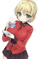 Rule 34 | 10s, 1girl, blonde hair, blue eyes, blush, braid, breasts, cup, darjeeling (girls und panzer), girls und panzer, jacket, large breasts, looking at viewer, military jacket, mirei, open mouth, plate, pleated skirt, saucer, simple background, sketch, skirt, smile, solo, steam, teacup, uniform, white background