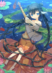 Rule 34 | 1girl, bare shoulders, biwa lute, black gloves, black hair, blue eyes, collarbone, double bun, elbow gloves, fingerless gloves, fish, fred04142, gloves, hair bun, holding, in water, instrument, long hair, looking at viewer, lute (instrument), hugging object, original, partially submerged, smile, solo, twintails, very long hair