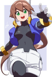 Rule 34 | 1girl, absurdres, aile (mega man zx), black bodysuit, blue jacket, bodysuit, bodysuit under clothes, breasts, brown hair, covered collarbone, covered navel, cowboy shot, cropped jacket, highres, jacket, long hair, looking at viewer, mega man (series), mega man zx, mega man zx advent, naze, open mouth, ponytail, purple background, robot ears, shorts, small breasts, smile, solo, teeth, upper teeth only, white shorts