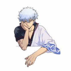 Rule 34 | 1boy, black shirt, blouse, blue hair, brown eyes, closed mouth, collarbone, gintama, godzillapigeon1, half-closed eyes, hand on own cheek, hand on own face, hand up, head rest, highres, japanese clothes, kimono, long sleeves, looking at viewer, male focus, off shoulder, ribbon-trimmed sleeves, ribbon trim, sakata gintoki, shirt, short hair, simple background, sketch, solo, upper body, v-shaped eyebrows, white background, white kimono, wide sleeves