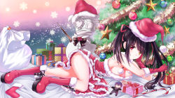 Rule 34 | 10s, 1girl, bandages, bare shoulders, bauble, bell, black hair, bobblehat, boots, bow, bowtie, box, breasts, character doll, christmas, christmas ornaments, christmas tree, cleavage, cross, cross necklace, date a live, detached collar, dress, english text, eyepatch, fir tree, flower, fur trim, gift, gift box, gloves, gun, hand in own hair, hand on own cheek, hand on own face, hat, head rest, heart, heterochromia, highres, itsuka shidou, jewelry, long hair, medium breasts, merry christmas, necklace, pendant, pink flower, pink rose, pom pom (clothes), red dress, red footwear, red gloves, rifle, rose, sack, santa boots, santa costume, santa gloves, santa hat, shoelaces, single sock, snowflakes, snowman, socks, sparkle, star (symbol), thighs, tokisaki kurumi, tree, tsubasaki, twintails, weapon